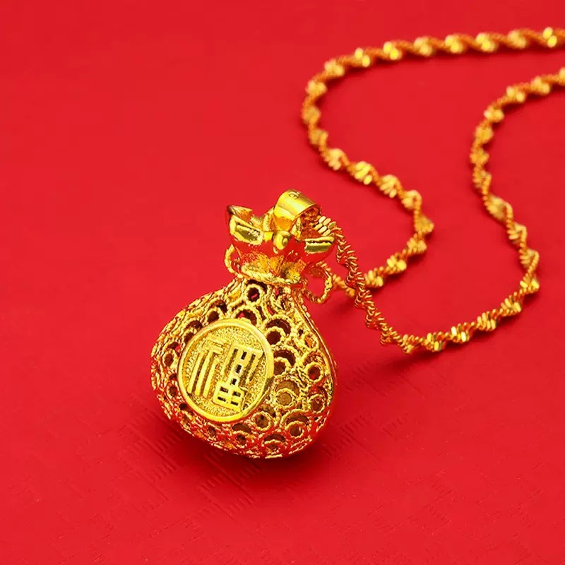 Vietnamese Gold-Toned Brass Hollowed Out Fortune Bag Pendant Necklace with Retro Design
