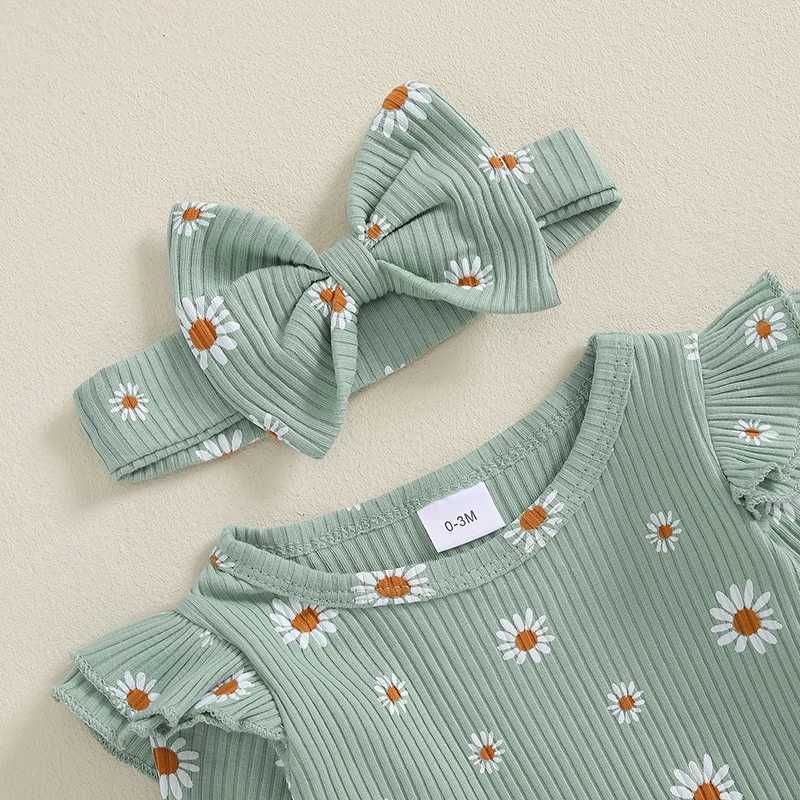 Clothing Sets 2024-06-13 Lioraitiin Baby Girl Ribbed Outfit Print Long Sleeve Romper Elastic Waist Pants Headband 3Pcs Set for Fall R250424