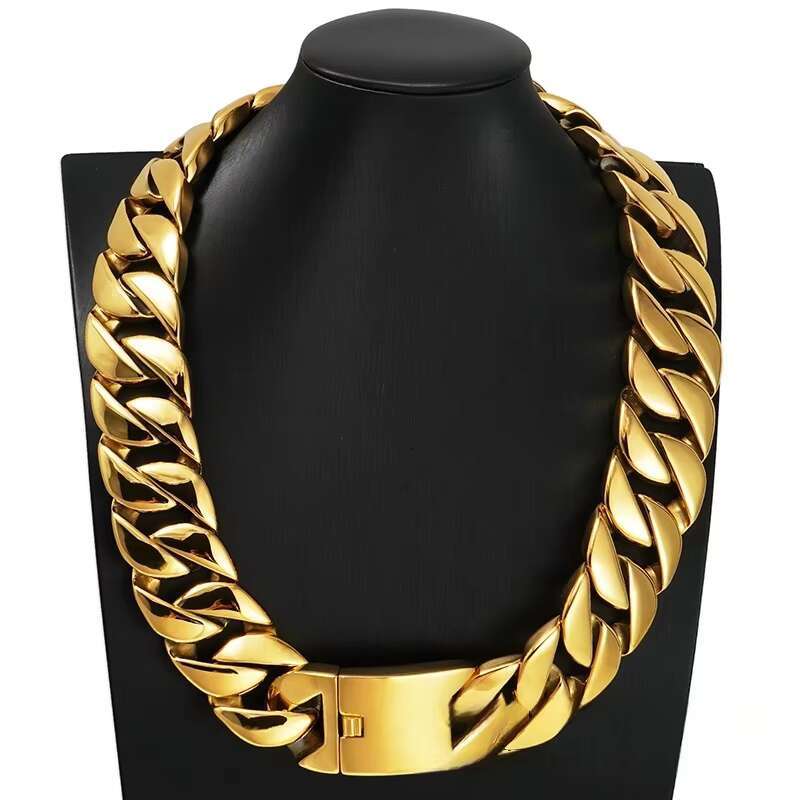 Wholesale 18K Gold Thick Cuban Chain Link Necklace for Men 32MM Large Heavy Polished 316L Stainless Steel Featuring Zircon Main