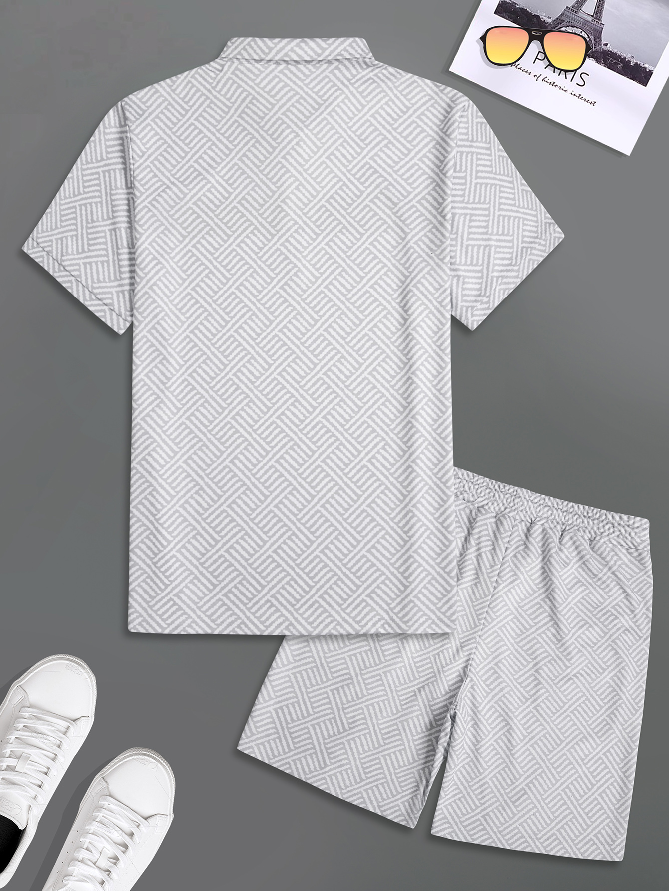 Men's Tropical Printed Casual Set - Black Short Sleeve Zipper Shirt and White Pocket Shorts, Polyester, Machine Washable