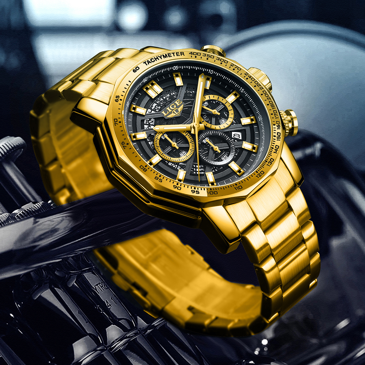 LIGE Men's Steel Strip Calendar Watch Men's Watch Six Pin Multi functional Waterproof Calendar Men's Watch