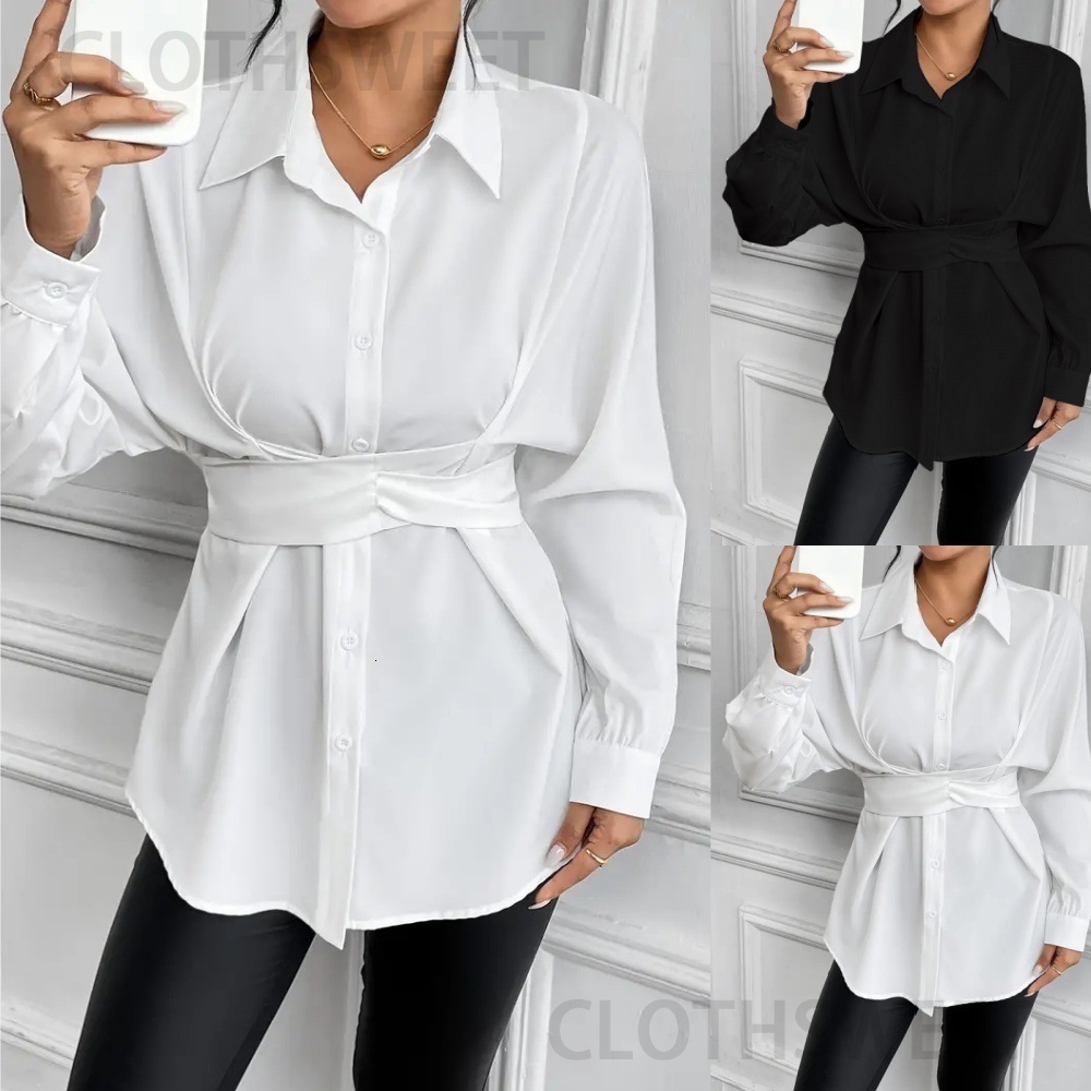 2024 autumn lapel tie bow tie waist slimming shirt womens clothing