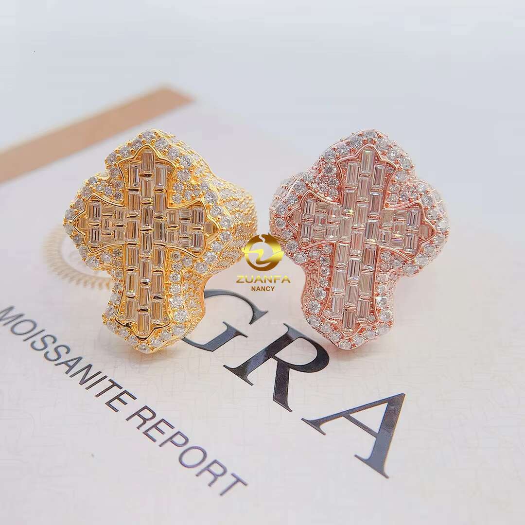 Wholesale Price Hip Hop Fine Jewelry 925 Sterling Silver Vvs Moissanite Iced Out Micro Pave Men Diamond Cross Ring