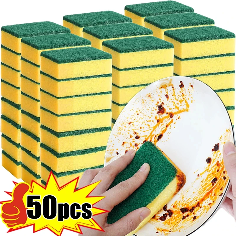 50PCS/set Kitchen Dishwashing Sponge Soft Absorbent Clean Rub Pot Rust Scouring Pad Removing Kits Household Cleaning Brush Sponge