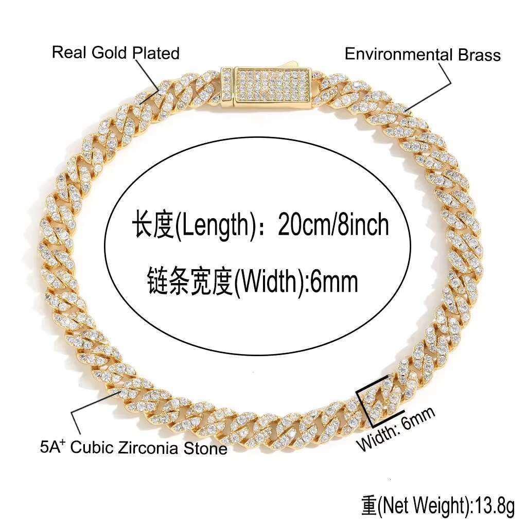 BES 6MM Hip Hop Bracelet Cuban Chain Spring Buckle Single Row Zircon Cuban Bracelet for Men Jewelry