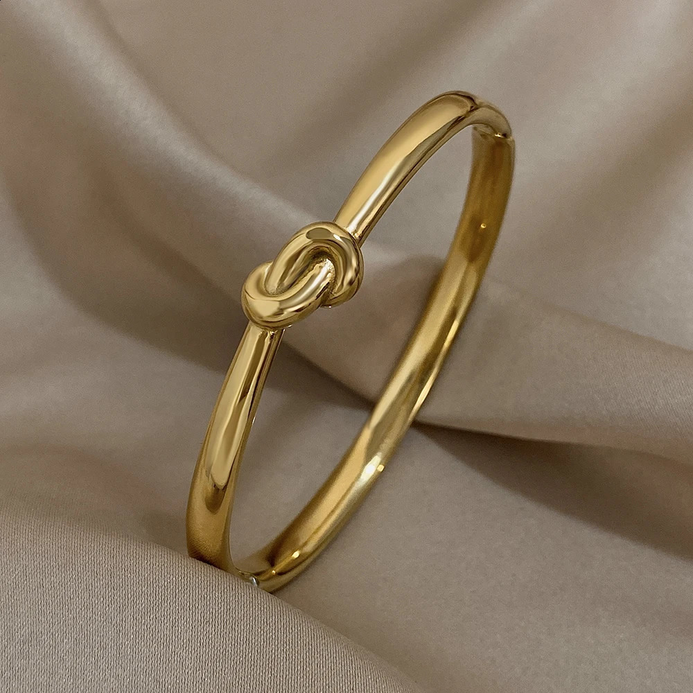 Simple thin stainless steel knot bracelet suitable for women unisex style gold cuffs waterproof and stackable jewelry gift 250415