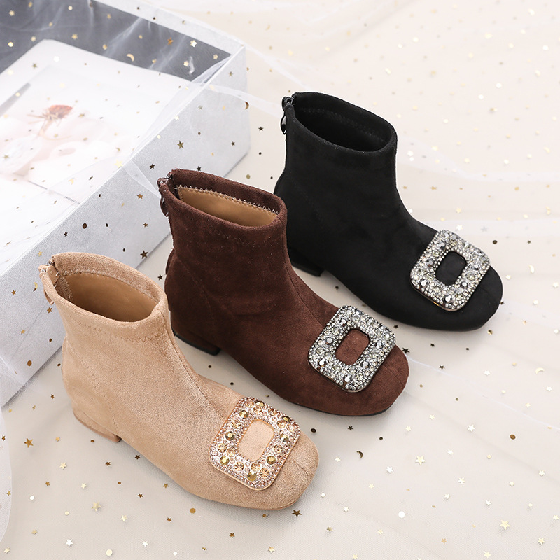 2025 New Style Girls' High-heeled Shiny Square-toe Short Boots with Rhinestone Buckles Warm Plush Fashion Boots for Autumn and Winter