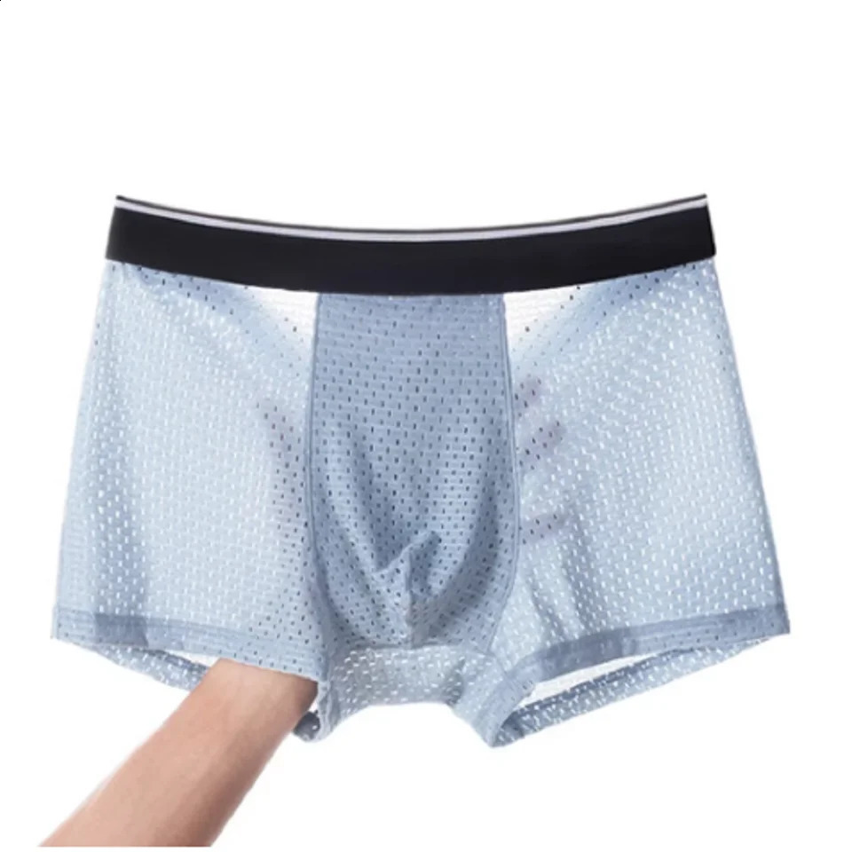 Mens Ice Silk Breathable Soft Boxing Shorts and Underwear Mesh Sexy Transparent Shoes Raised Pocket 250417