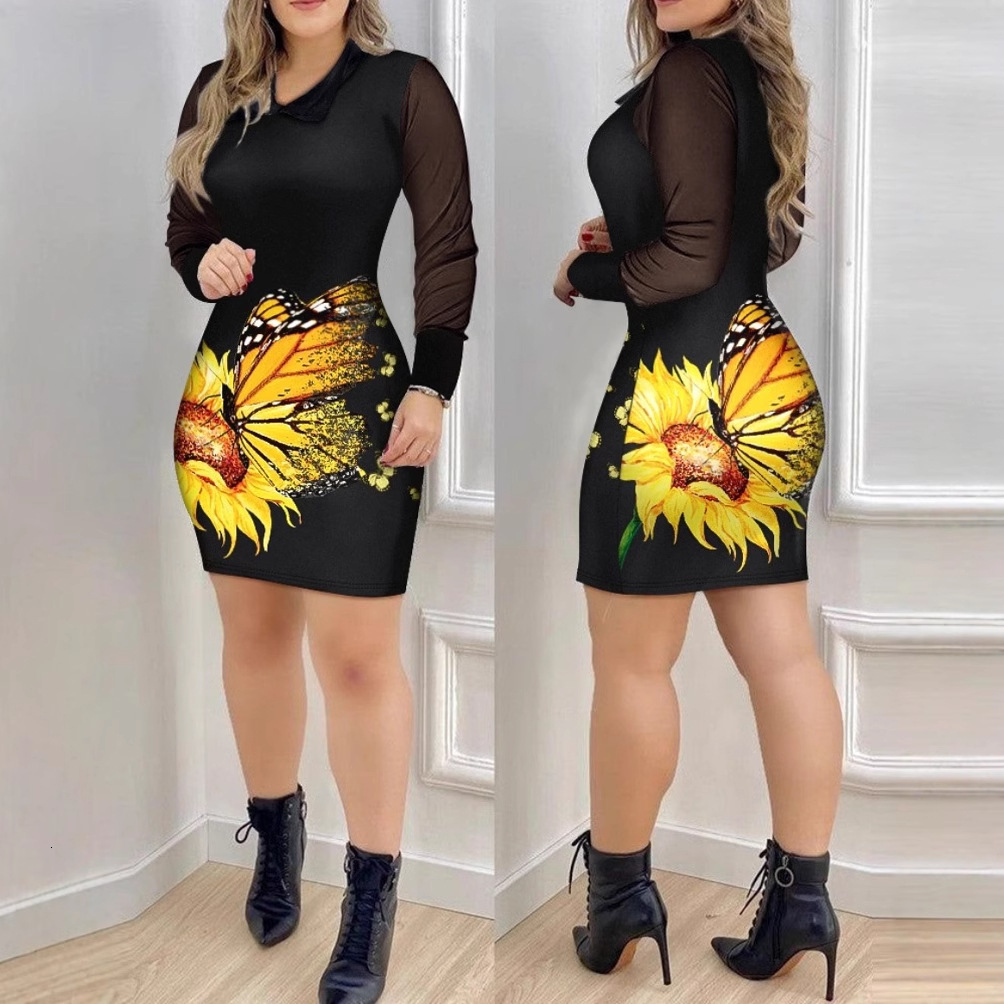 2025 autumn fashion mesh long sleeved V-neck slim fit printed dress for women