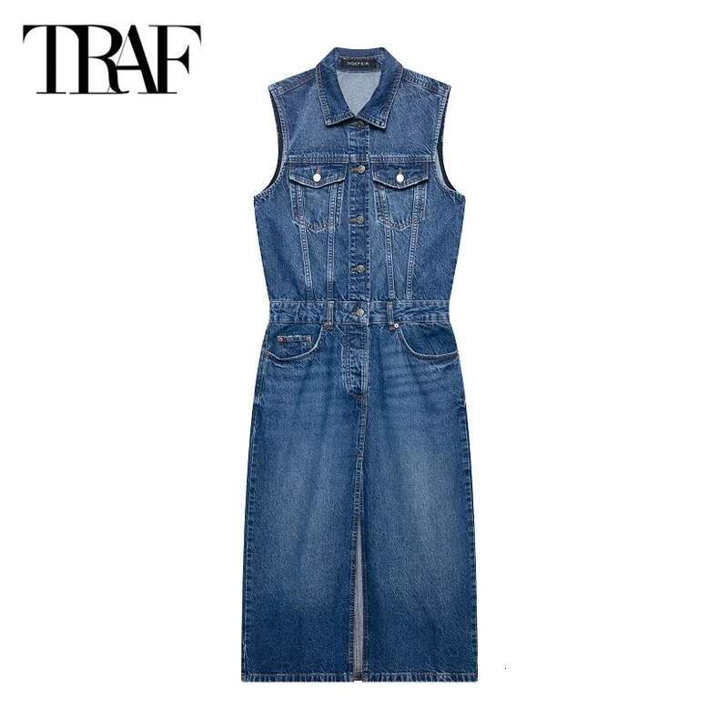 TRAF Women's Denim 2025 Spring Woman Elegant Y2k Sleeveless Long Fashion Casual Streetwear Midi Dresses Vestidos