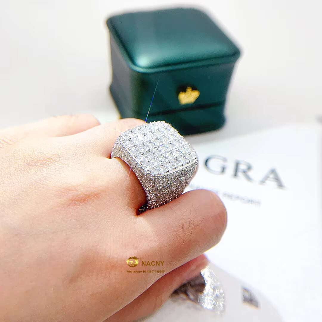 Hip Hop Full Moissanite Square Shape Ring Fashion Jewelry Pass Tester Iced Out 925 Sterling Silver Ring