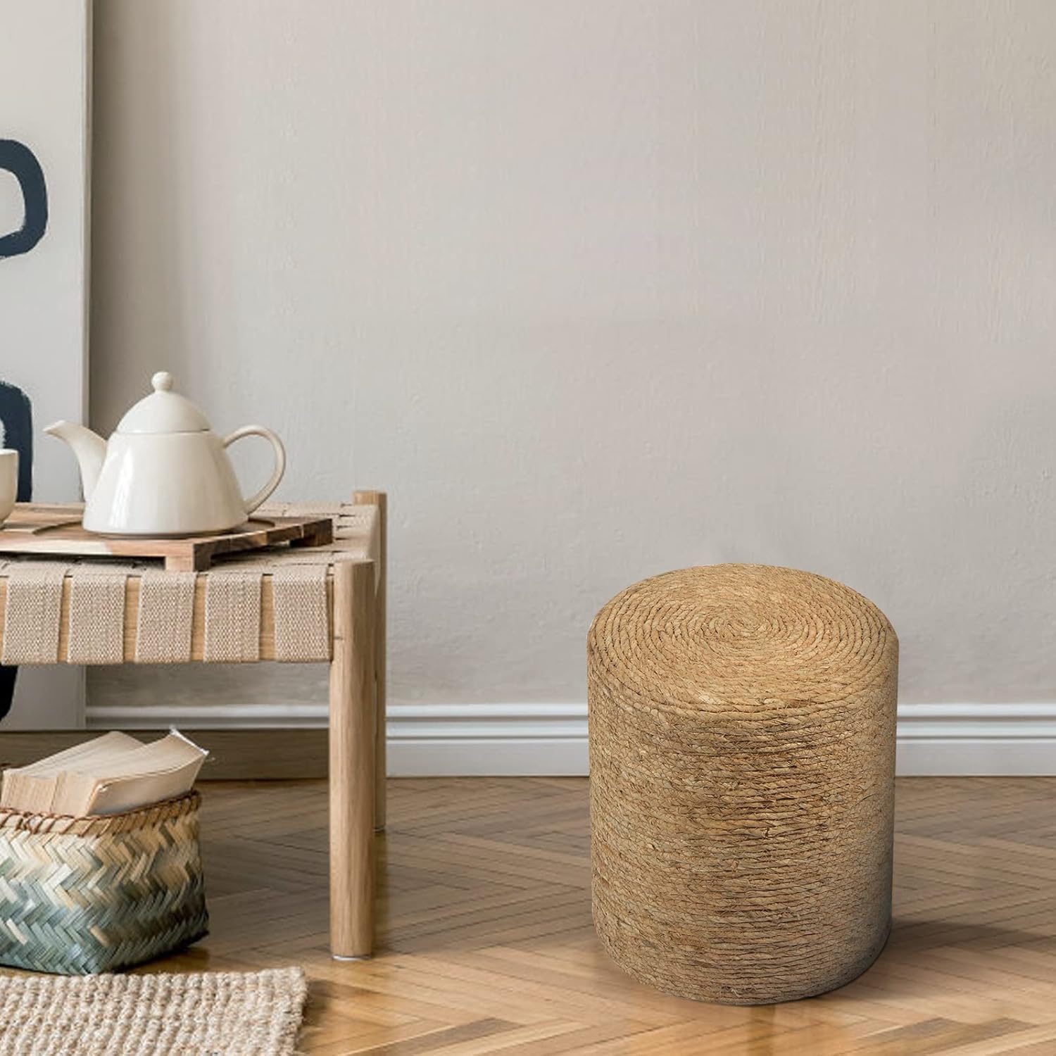 Natural Seagrass Foot Stool, Hand Weaving Round Ottoman, for Living Room, Outdoor Seat (Natural)