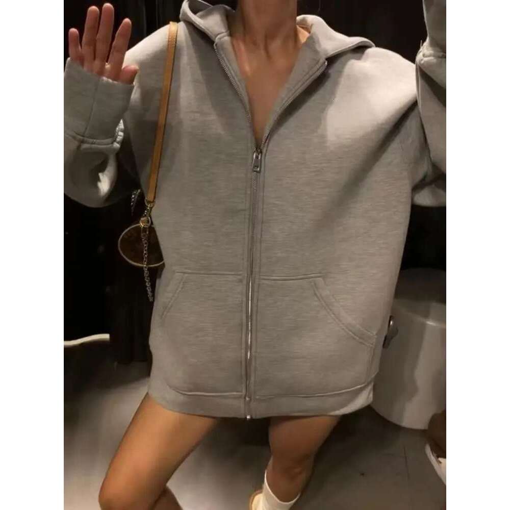 TRAFZA Autumn Women Gray With Hood Long Sleeve Big Pocket Zipper Jacket Woman Loose Casual Outerwear Coat Tops