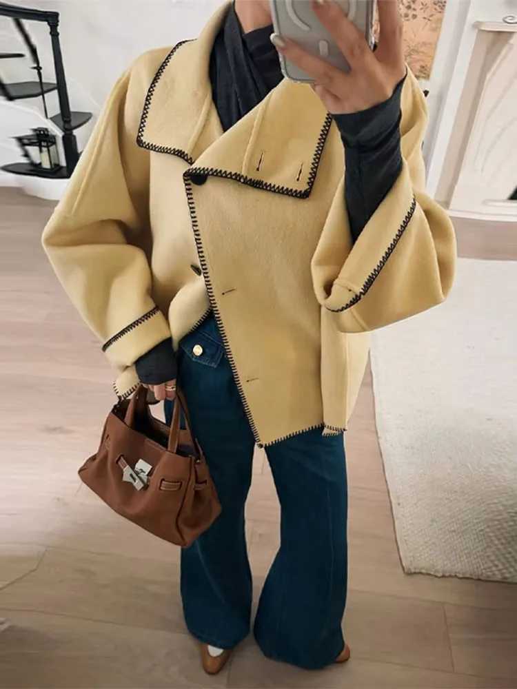 HH Elegant Womens Loose High Collar Woolen Jacket 2025 Autumn Winter Long Sleeve Wide Shoulder Office Lady Street Outwears J251124