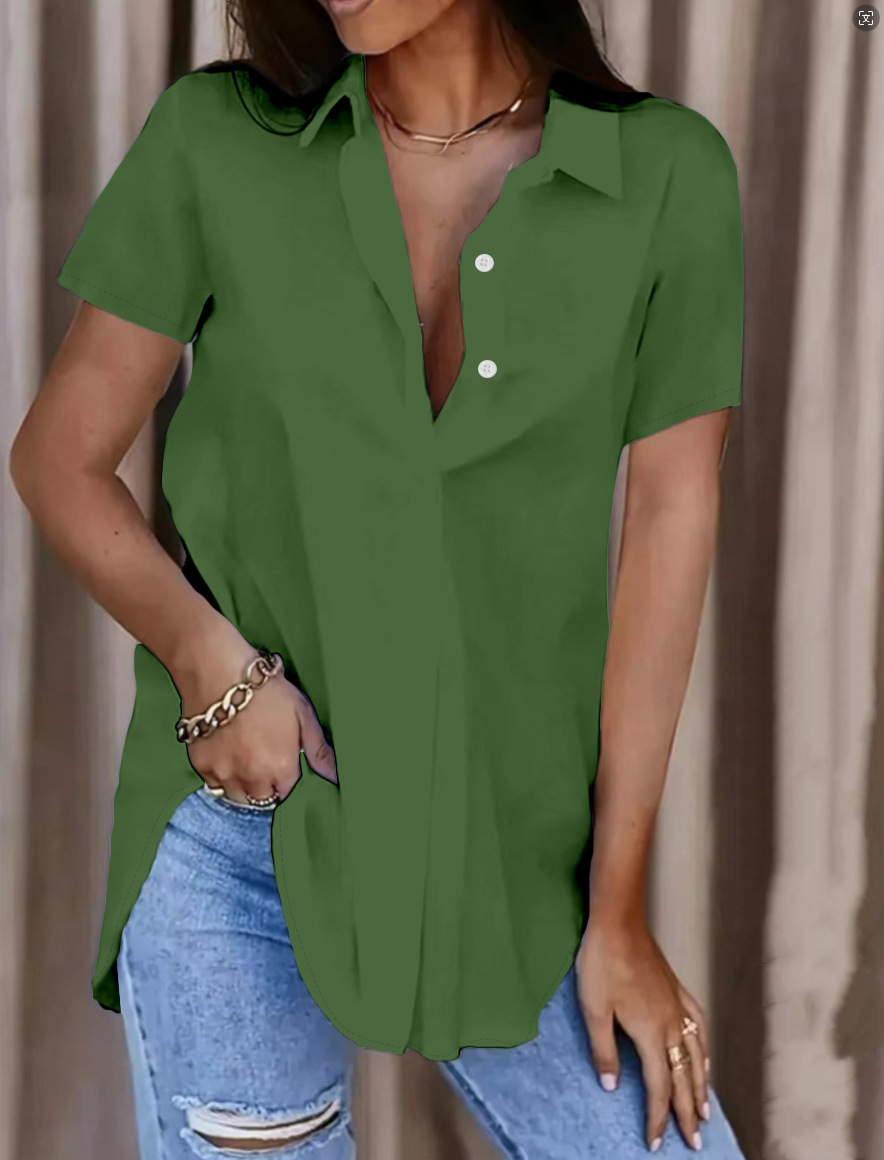 2024 Summer Simple Solid Color V-neck Button Womens Shirt
