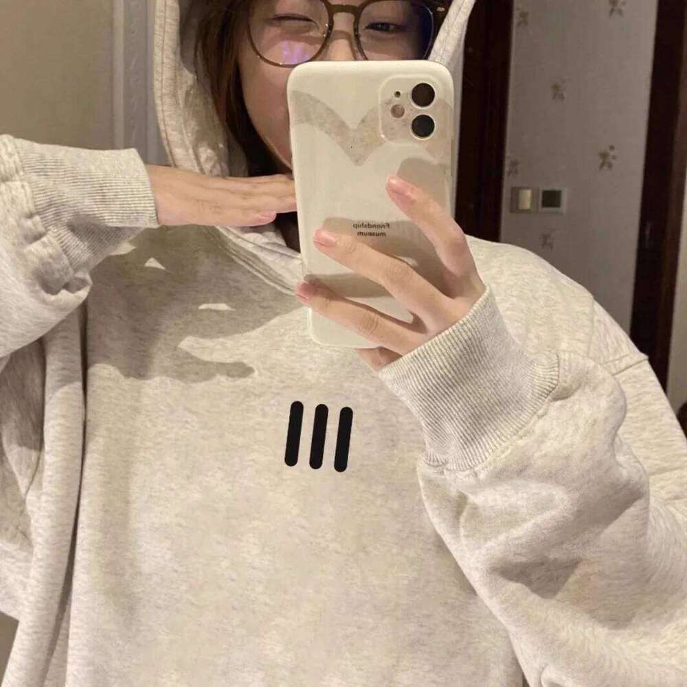 Fleece Lined Hoodie Women's Autumn Winter Spring Thin Long Sleeve Loose Fit White Grey Versatile Casual Cotton Blend Top