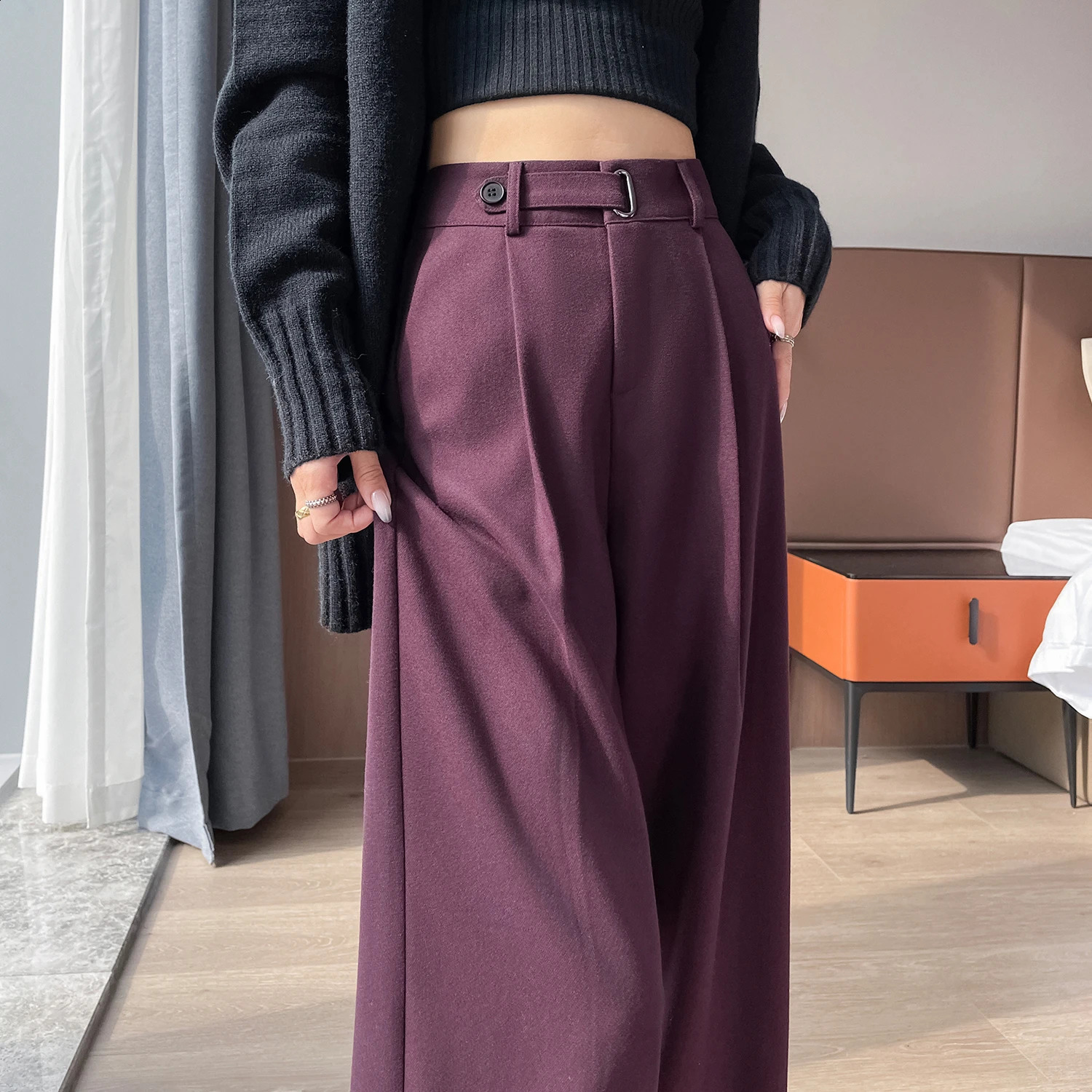 Autumn Winter Red Woolen High Waist Suit Wide Leg Womens Full Pants Female Elegant Straight Casual Loose Trousers 250421
