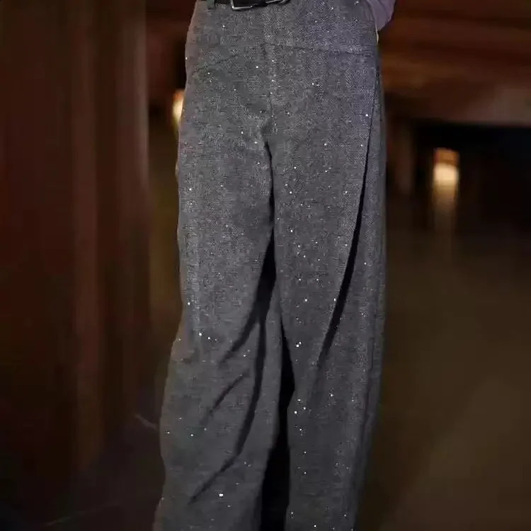 High-end Gray Woolen Suit Pants Womens Winter European n Fine Flash High Waist Versatile Trousers 250421
