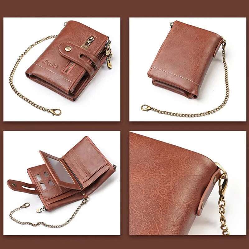 Designer Bag 2025 Theft Men's PU Leather Retro Style Short Bifold Zipper Wallets Credit Card Coins Storage With Anti Loss Chain Wallet Luxury Bag