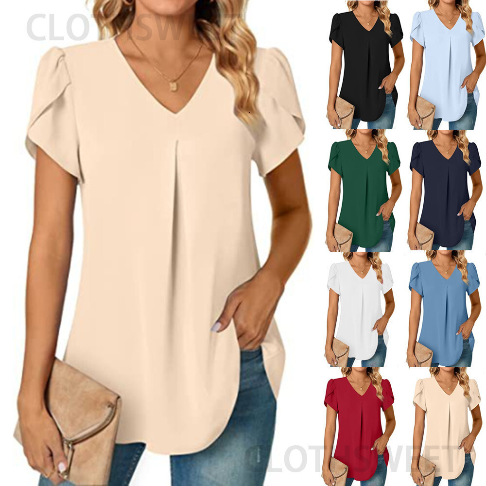 2023 Summer minimalist womens V-neck petal sleeve shirt womens shirt