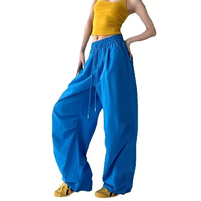 Fashion Style Retro Drawstring Pleated Paratrooper Pants Overalls Women's Loose Straight Casual Pants Trendy Trousers XXL Blue Red 4 Color Spring