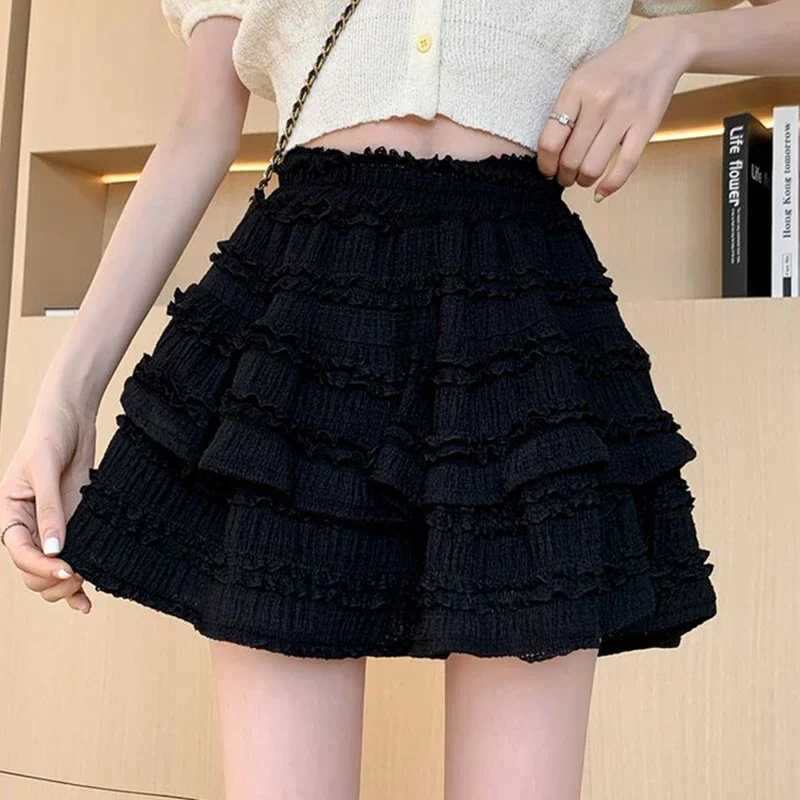 Gidyq Cute Lace Mini Skirt Womens Kawaii White Ruffle Fold Skirt Summer Korean High Waist Black Casual A-line Skirt M250424