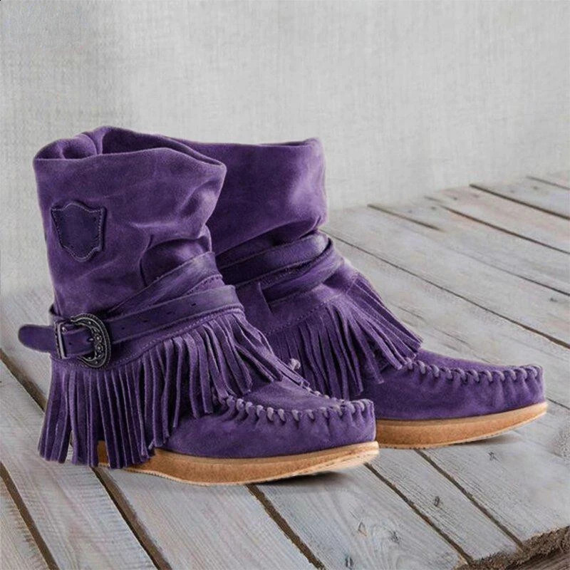Retro Tassel Womens Boots Side Zipper Black Winter Flat Warm Shoes Comfort Round Toe Non-slip Plush Ankle Boots 250418