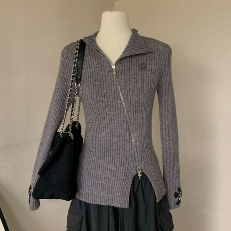 Designer Sweater For Women Luxury Korean Export Ribbed Stand Collar Sweater Coat for Women Winter Design Double Zipper Knitted Top