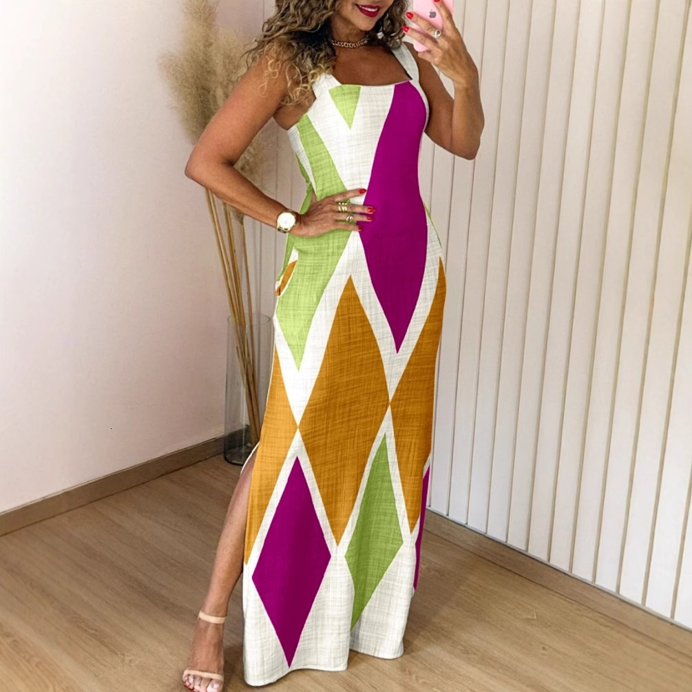2025 summer new sleeveless contrasting sexy slim fit split commuter dress for women
