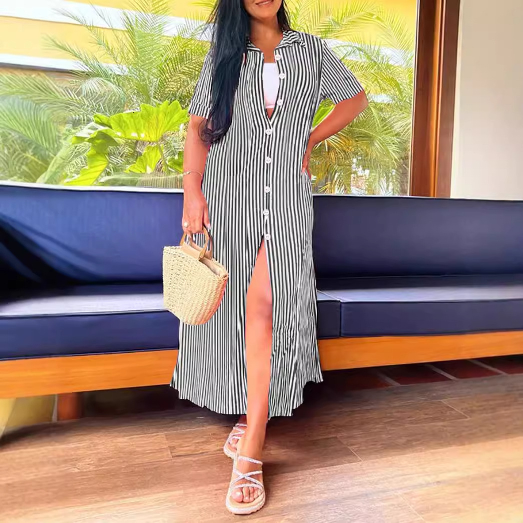 2024 summer short sleeved casual long striped printed dress for women