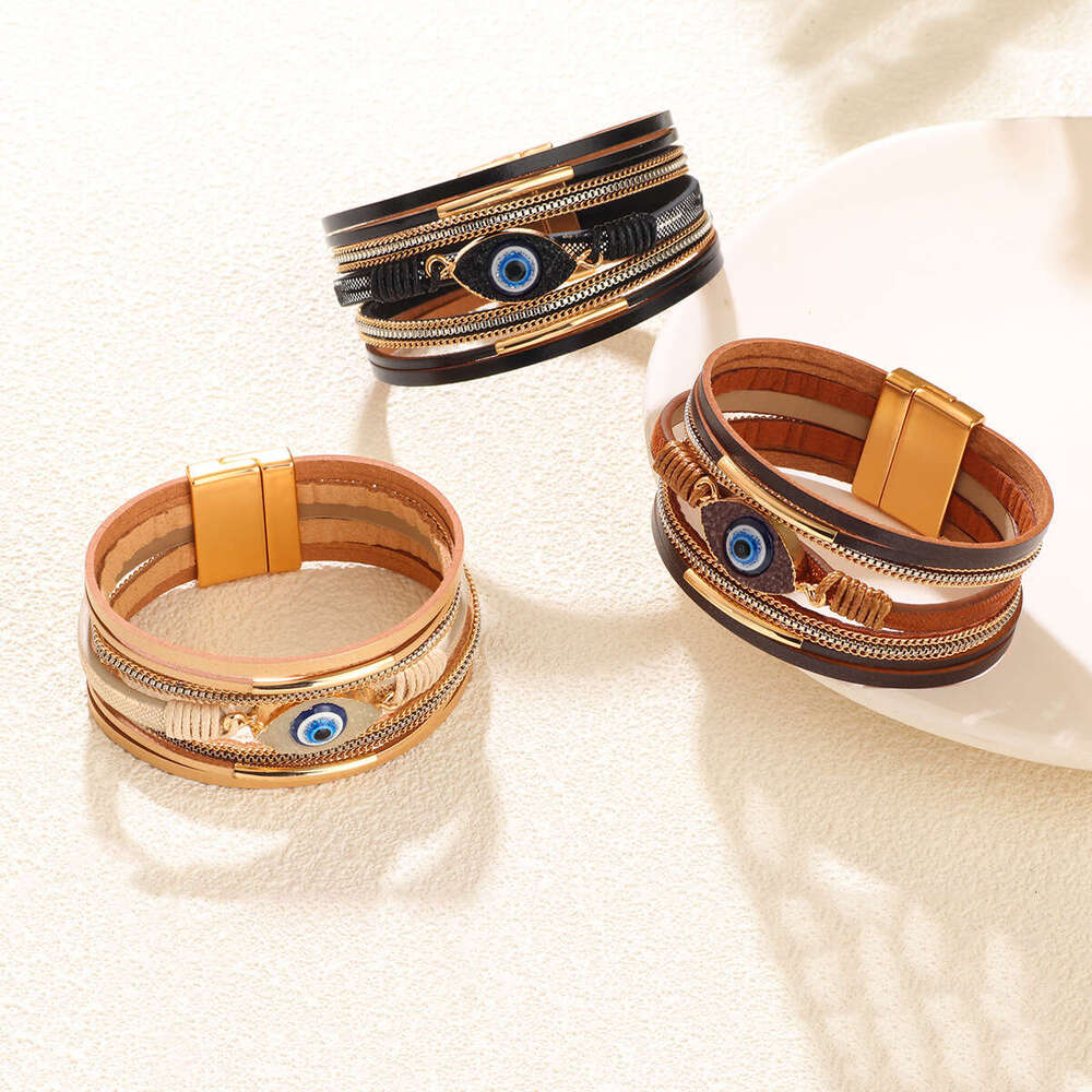 Bohemian style hot selling Devil's set with Eye water dia leather bracelet