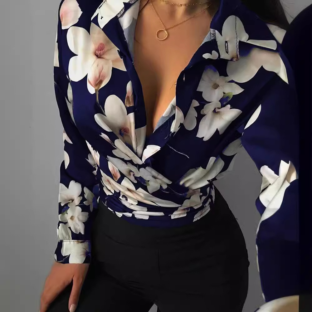 2021 autumn loose long sleeve V-neck printed womens shirt