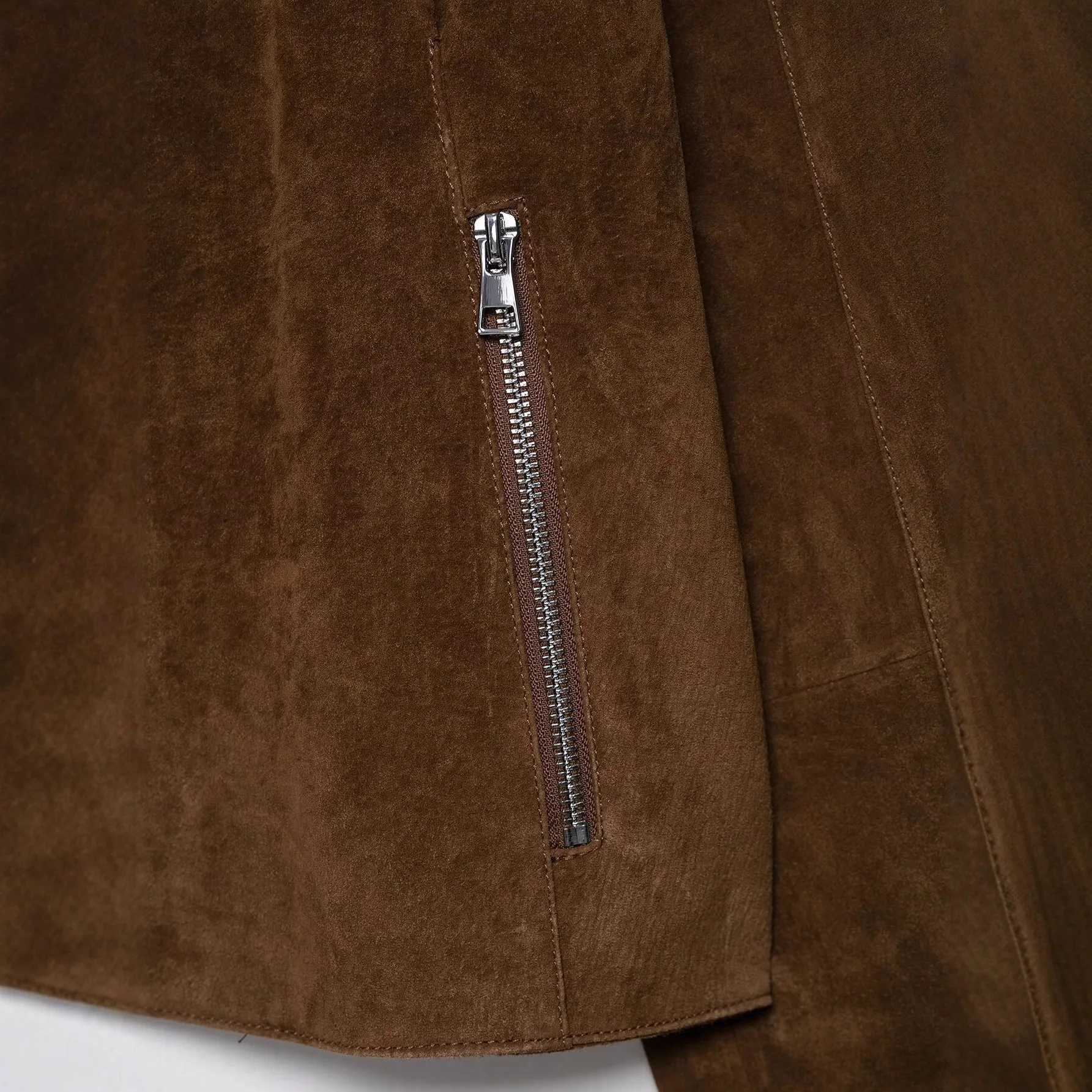 Women Vintage Suede Women Short Jacket Lapel Long Sleeve Zippers Pocket Female Outwear 2025 Autumn Elegant Lady Streetwear J251124