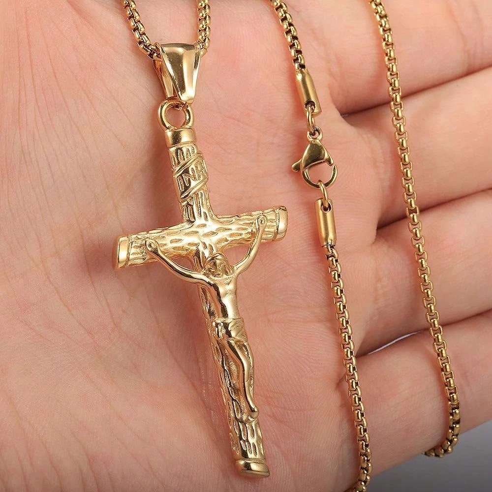 14K Gold Plated Stainless Steel Religious Jesus Necklace For Men Women Cross Pendant With 18-24inch Box Chain Jewelry