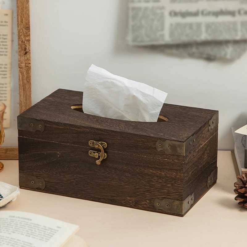 Solid Wooden Tissue Box Vintage Metal Lock Paper Napkin Holder Dispenser Case Bathroom Office Desk Living Room Home DecorationM251124