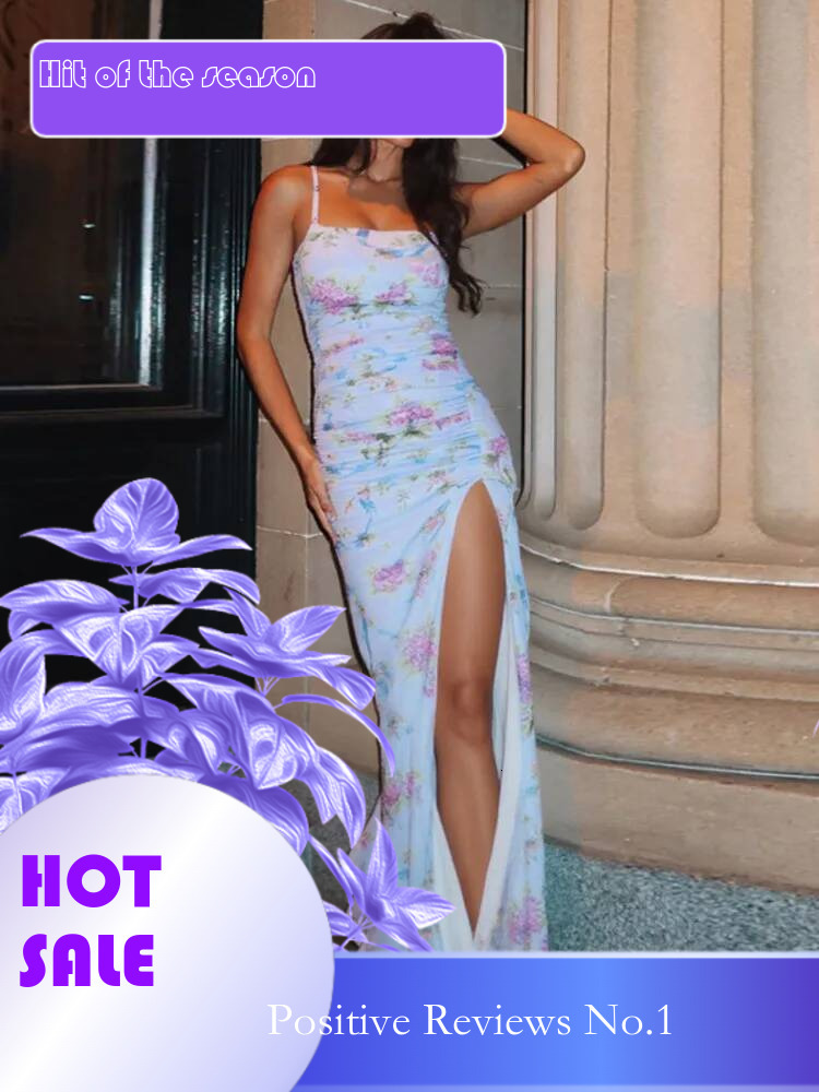 Dongdumaoyi Townlike Mesh Print Sexy Party Dress Women Spaghetti Strap Spring Summer Slim Bodycon Pleated Maxi Long Dresses