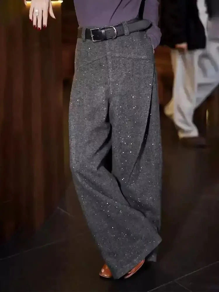 High-end Gray Woolen Suit Pants Womens Winter European n Fine Flash High Waist Versatile Trousers 250421