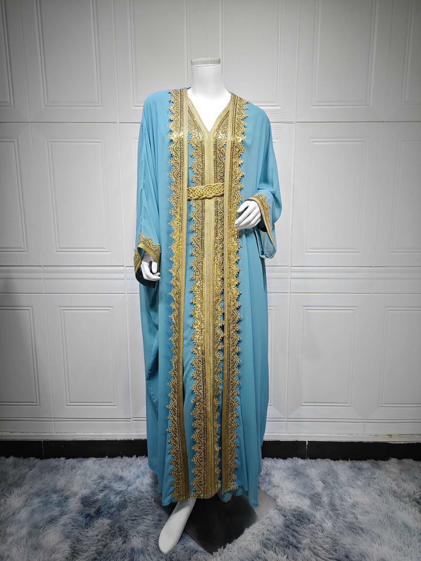 Lace trim woven belt splicing long robe two-piece set with waist belt chiffon dress L251124