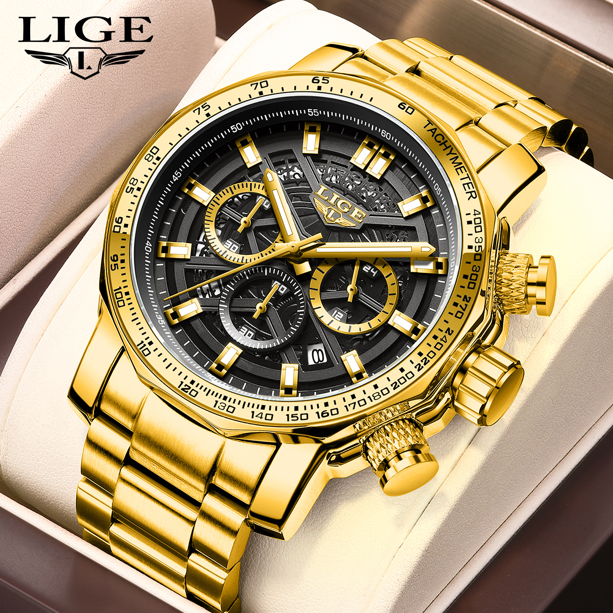 LIGE Men's Steel Strip Calendar Watch Men's Watch Six Pin Multi functional Waterproof Calendar Men's Watch