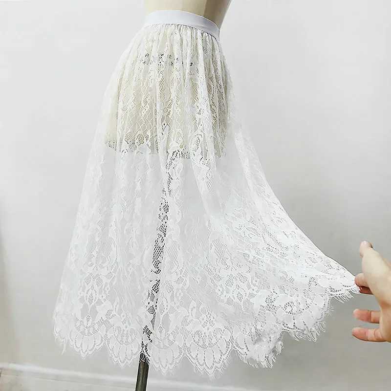 Womens sexy mesh lace transparent long sheer skiing Korean fashion summer womens elastic high waist black and white beach Midi skiing M250424