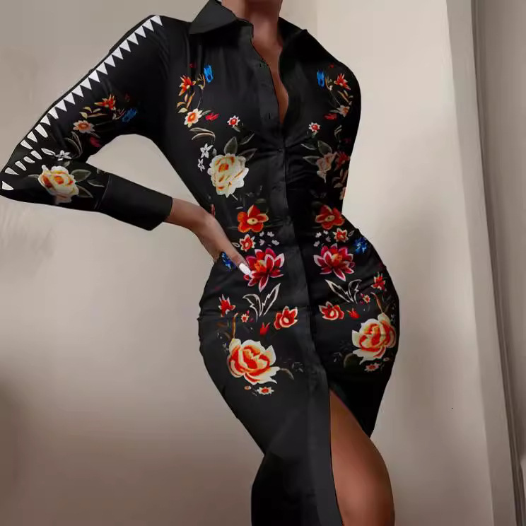 2021 autumn long sleeve V-neck waist print dress shirt skirt women