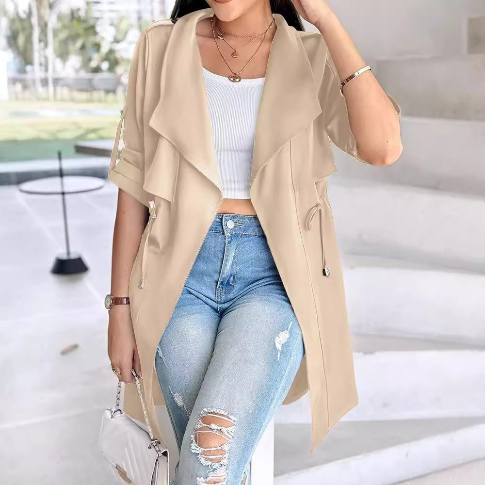 2024 new autumn and winter loose solid color waist cinched sleeve mid length windbreaker jacket womens clothing