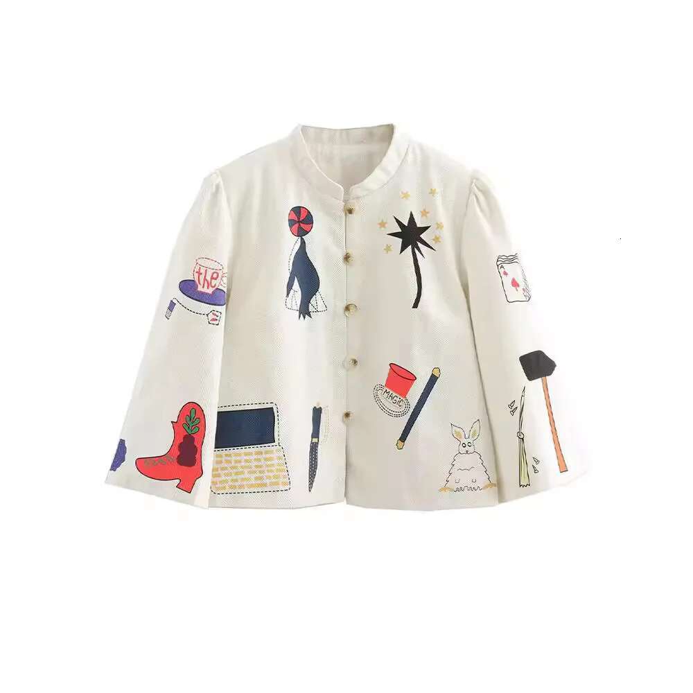 2024 Spring And Autumn Cartoon Print Baseball Ladies Simple Round Neck Single Breasted Casual Long Sleeve Jacket New Coat