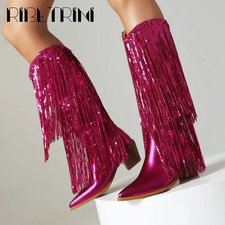 Glitter Shiny Fringe Women Western Boots Slip On Mid Calf Chunky Block Heels Shoes Sexy Elegant Party Nightclub Boots 250418