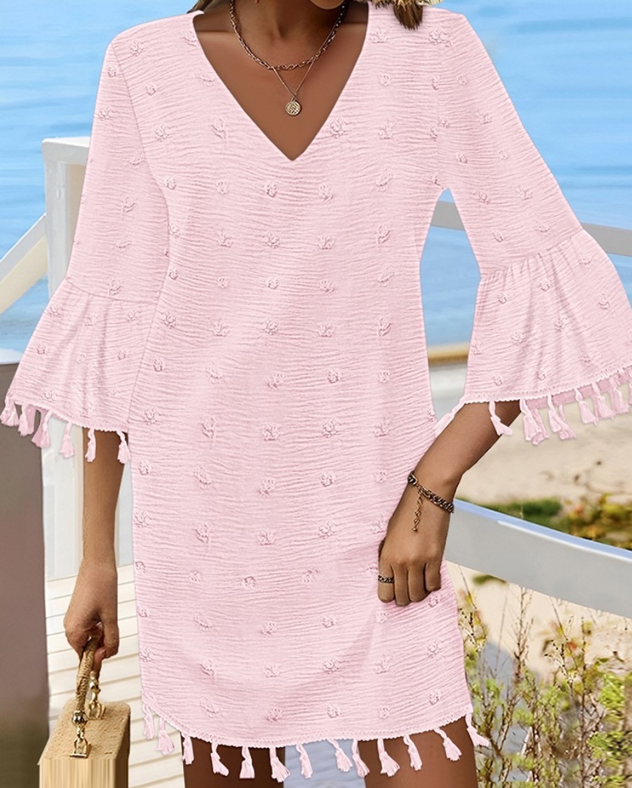2025 New Spring and Summer Solid Color Simple V-neck Mid Sleeve Loose Tassel Dress for Women
