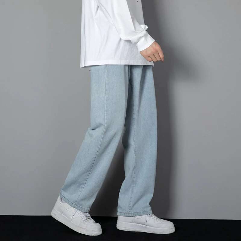 2025 New Korean Men's Casual Long Jeans Classic Man Straight Denim Wide-Leg Pants Solid Color Light Blue Grey Black
