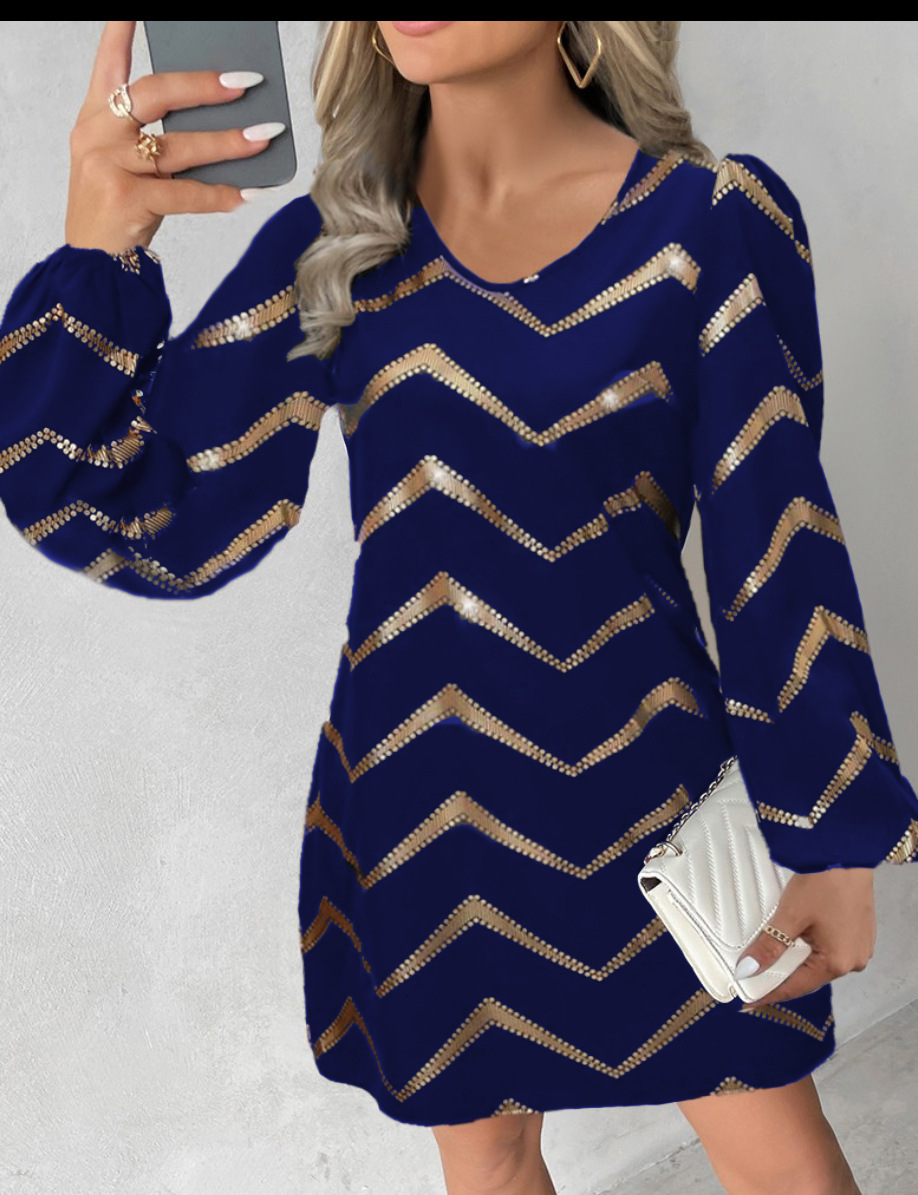 2023 autumn and winter long sleeved fashionable printed U-neck bubble sleeve dress for women