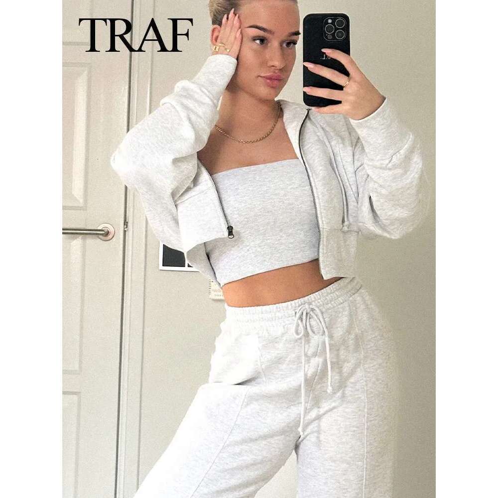 Designer Clothes TRAFZA Spring Female Casual Hoodies Zipper Coats+Elastic Waist Baggy 2 Pieces Set Elegant Loose Solid Pink Grey Pants