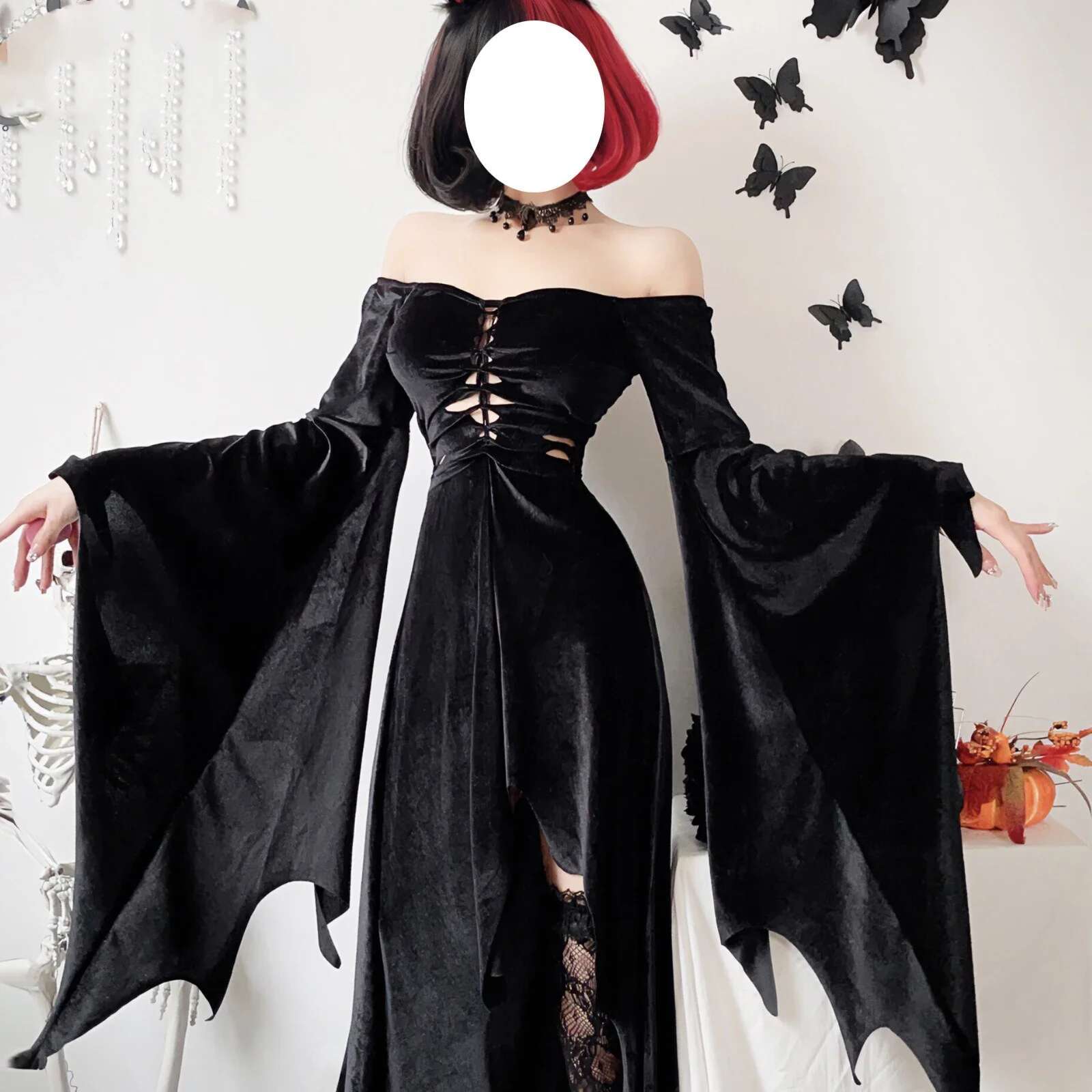 Vintage Flare Long Sleeve Vampire Bride Outfit Cosplay Death Black Dresses Haruku Gothic Halloween Costumes Witch Dress