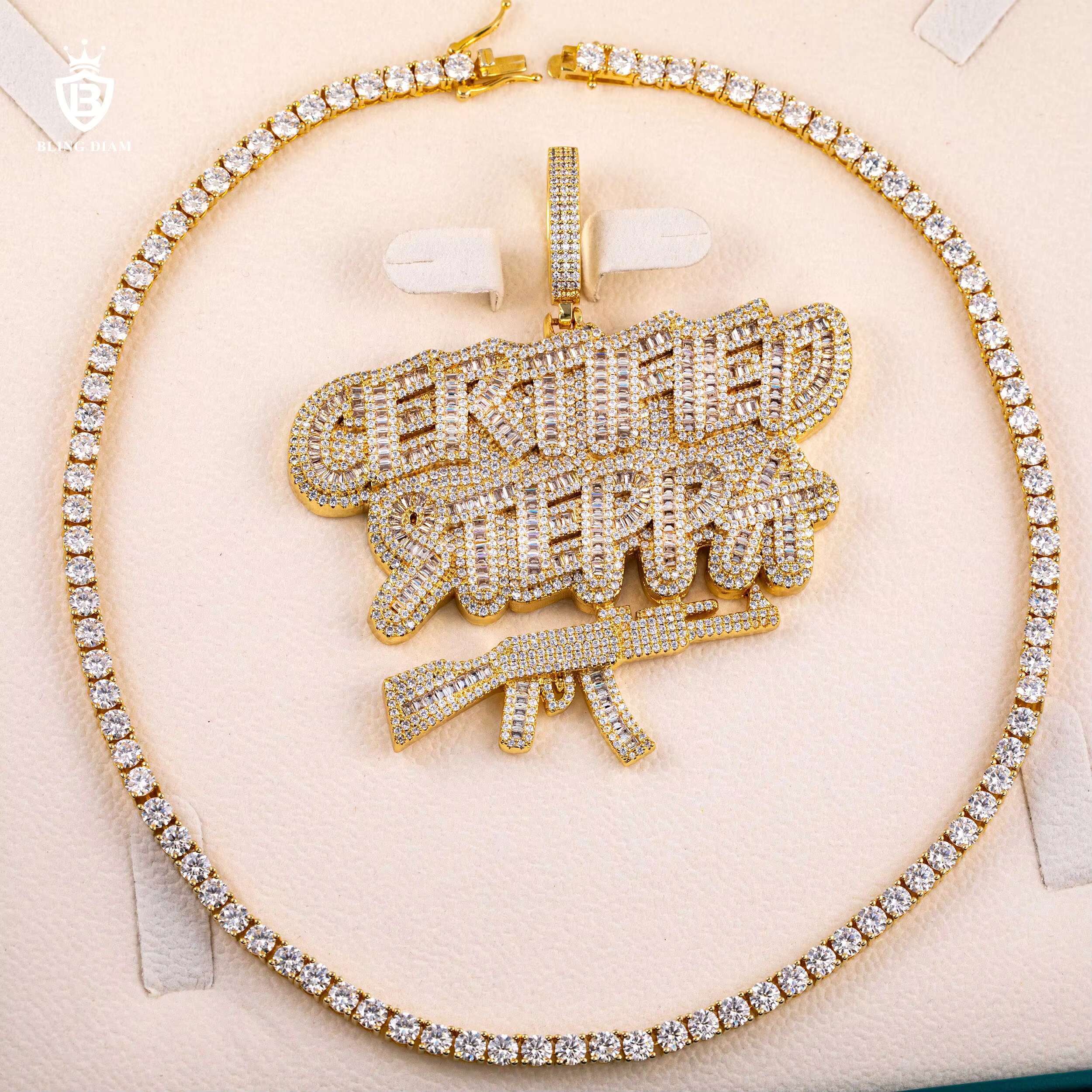 Wholesale Custom Pendant Iced Out Jewelry Hip Hop Brass Full VVS Moissanite Diamond Necklace Set Letter Pendant
